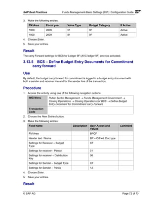 SAP Best Practices Funds Management-Basic Settings (951): Configuration Guide
© SAP AG Page 72 of 73
3. Make the following entries:
FM Area Fiscal year Value Type Budget Category If Active
1000 2009 51 9F Active
1000 2009 81 9F Active
4. Choose Enter.
5. Save your entries.
Result
The carry Forward settings for BCS for Ledger 9F (AVC ledger 9F) are now activated.
3.12.5 BCS – Define Budget Entry Documents for Commitment
carry forward
Use
By default, the budget carry forward for commitment is logged in a budget entry document with
both a sender and receiver line and for the sender line of the transaction,
Procedure
1. Access the activity using one of the following navigation options:
IMG Menu Public Sector Management → Funds Management Government →
Closing Operations → Closing Operations for BCS → Define Budget
Entry Document for Commitment carry Forward
Transaction
Code
2. Choose the New Entries button.
3. Make the following entries:
Field Name Description User Action and
Values
Comment
FM Area BPCF
Header text / Name BP – C/Fwd. Doc type
Settings for Receiver – Budget
Type
CF
Settings for receiver - Period 01
Settings for receiver – Distribution
Key
00
Settings for Sender – Budget Type CF
Settings for Sender – Period 12
4. Choose Enter.
5. Save your entries.
Result
 