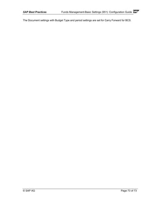 SAP Best Practices Funds Management-Basic Settings (951): Configuration Guide
© SAP AG Page 73 of 73
The Document settings with Budget Type and period settings are set for Carry Forward for BCS.
 