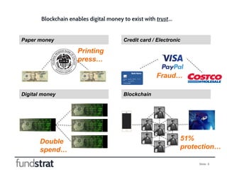 Slide 8
Blockchain enables digital money to exist with trust…
Paper money Credit card / Electronic
Digital money Blockchai...
