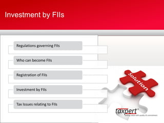 Investment by FIIs
Regulations governing FIIs
Who can become FIIs
Registration of FIIs
Investment by FIIs
Tax Issues relating to FIIs
 