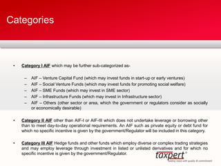 • Category I AIF which may be further sub-categorized as-
– AIF – Venture Capital Fund (which may invest funds in start-up or early ventures)
– AIF – Social Venture Funds (which may invest funds for promoting social welfare)
– AIF – SME Funds (which may invest in SME sector)
– AIF – Infrastructure Funds (which may invest in Infrastructure sector)
– AIF – Others (other sector or area, which the government or regulators consider as socially
or economically desirable)
• Category II AIF other than AIF-I or AIF-III which does not undertake leverage or borrowing other
than to meet day-to-day operational requirements. An AIF such as private equity or debt fund for
which no specific incentive is given by the government/Regulator will be included in this category.
• Category III AIF Hedge funds and other funds which employ diverse or complex trading strategies
and may employ leverage through investment in listed or unlisted derivatives and for which no
specific incentive is given by the government/Regulator.
Categories
 