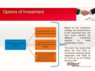 Private Equity /Venture
Capital
Direct investment in the
Indian portfolio company
Direct Investment in an
Indian investment fund
vehicle
Co investment along side
the domestic fund
vehicle directly in the
Indian portfolio company
Options of Investment
Based on the investment
strategy and sectoral focus
of the concerned fund, the
fund could combine the
different investment
regimes to make
investments in India
The same may require that
either the fund itself or
investment company obtain
registration with SEBI as
an FVCI or as an FII/Sub
Account /FPI
 