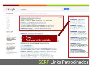 SERP Links Patrocinados
• É pago;
• Posicionamento imediato;
 