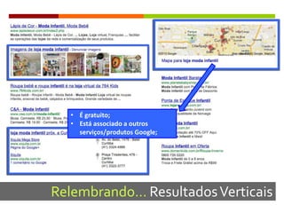 Relembrando… ResultadosVerticais
• É gratuito;
• Está associado a outros
serviços/produtos Google;
 