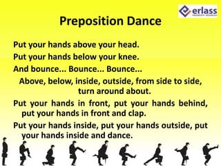 Preposition Dance
Put your hands above your head.
Put your hands below your knee.
And bounce... Bounce... Bounce...
Above, below, inside, outside, from side to side,
turn around about.
Put your hands in front, put your hands behind,
put your hands in front and clap.
Put your hands inside, put your hands outside, put
your hands inside and dance.
 