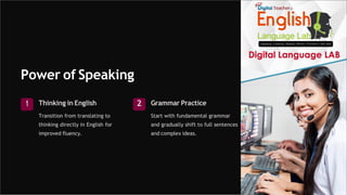Power of Speaking
Thinking in English
Transition from translating to
thinking directly in English for
improved fluency.
Grammar Practice
Start with fundamental grammar
and gradually shift to full sentences
and complex ideas.
1 2
 