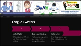 Tongue Twisters
1
VerbalAgility
Enhance diction and fluency
with challenging tongue
twisters.
2
Expression Mastery
Master various expressions
and improve delivery
through daily practice.
3
Faltered Fun
Enjoy the process as you
falter initially but excel over
time.
 