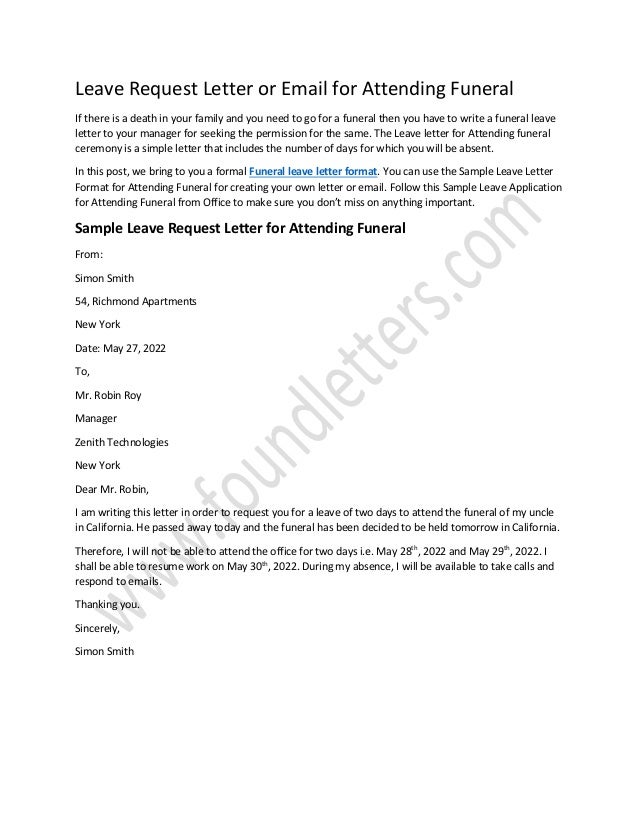 Sample Leave Application letter for Attending Funeral