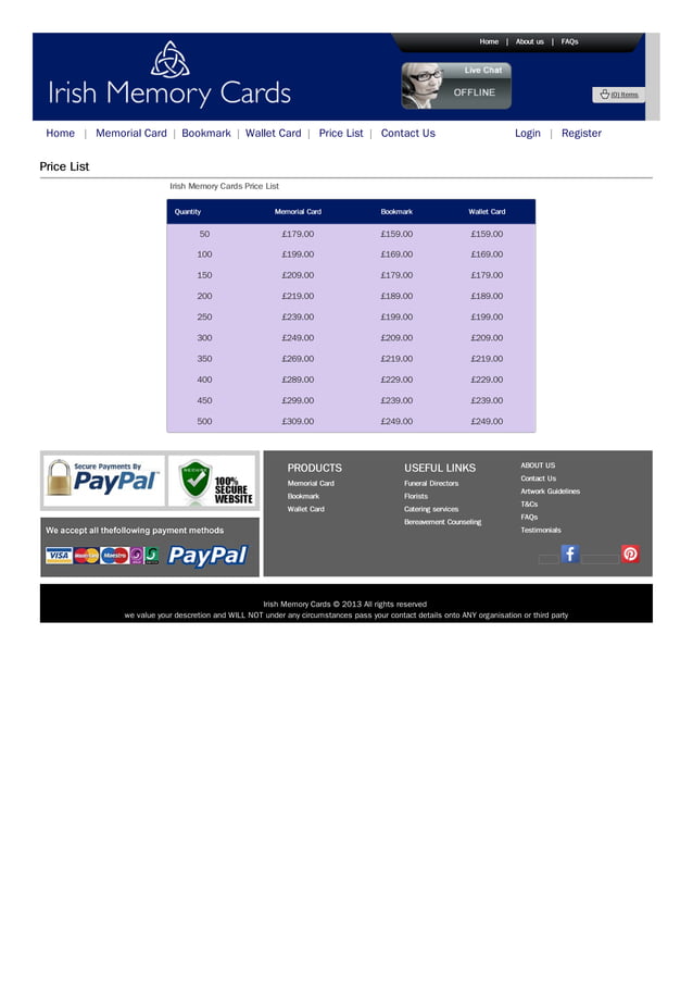 Funeral memorial cards price list PDF