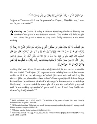 .‫ﺎ‬ ‫ ﱠ‬      ٍ ‫ﻜﹾ‬ ‫ ﺃَ ِﻲ‬ ‫ﻗﹶﺒ‬ r  ِ ‫ ﺍﻟ ﱠ‬ ‫ ﹸ ﻗﹶﺒ‬‫ﺃَﻴ‬ : ِ ‫ﺎ‬ ‫ ﺍﻟ ﱠ‬ ‫ﺎ‬ ‫ﻔﹾ‬ ‫ﻥ‬
                             ‫ﻋ ﺴ ﻴ ﻥ ﺘﻤ ﺭ ﺭ ﺕ ﺭ ﻨﺒﻲ ﻭ ﺭ ﺒ ﺒ ﺭ ﻭﻋﻤﺭ ﻤﺴﻨﻤ‬
Sufyaan at-Tammaar said: I saw the graves of the Prophet, Aboo Bakr and ‘Umar
and they were rounded.26




2   Marking the Grave: Placing a stone or something similar to identify the
    location of the grave is also from the sunnah. The marker will help people
    later locate the grave in order to bury other family members in the same
vacinity.


‫ ﹰ َﻥ‬  r  ِ ‫ ﺍﻟ ﱠ‬  َ‫ ﻓﹶﺄ‬ ِ  ‫ ِﻪِ ﻓﹶ‬ ‫ﻨﹶﺎ‬ ِ  ِ ‫ﻭ ٍ ُﺨﹾ‬ ‫ﻅﹾ‬  ‫ ﺒ‬ ‫ﺎ‬ ‫ﺜﹾ‬ ‫ﺎﺕﹶ‬ ‫ﺎ‬ ‫ ﱠِﺏِ ﻗﹶﺎلَ ﻟﹶ‬ ‫ ِ ﺍﻟﹾ‬
  ‫ﺭ ﺠﻼ ﺃ‬    ‫ﻤ ﻤ ﻋ ﻤ ﻥ ﻥ ﻤ ﻌ ﻥ ﺃ ﺭﺝ ﺒﺠ ﺯﺘ ﺩﻓﻥ ﻤﺭ ﻨﺒﻲ‬                                                   ‫ﻋﻥ ﻤﻁﻠ‬
َ‫ ﹶﺎل‬ ‫ ِ ] ﹶﺎ َ ﹶ ِﻴ‬‫ﻴ‬ ‫ﺍ‬ ِ ‫ﻥ‬     r ِ ‫ﻭ ُ ﺍﻟﱠ‬  ‫ﺎ‬ ‫ ِﻟﹶﻴ‬ ‫ ﻓﹶﻘﹶﺎ‬ ‫ﻠﹶ‬‫ﻤ‬ ‫ﺘﹶ ِﻊ‬‫ﺴ‬ ‫ﺭٍ ﻓﹶﻠﹶﻡ‬  ِ   ِ ْ‫ﺄ‬
   ‫ﻭﺤﺴﺭ ﻋ ﺫﺭ ﻋ ﻪ ﻗ ل ﻜﺜ ﺭ ﻗ‬                 ‫ﻴ ﻁ ﺤ ﻪ ﻡ ﺇ ﻬ ﺭﺴ ل ﻠﻪ‬                                    ‫ﻴ ﺘﻴﻪ ﺒﺤﺠ‬
‫ﻲ‬ ‫ﺍ‬ ِ ِ ‫ﺎ‬  ‫ ِﻟﹶﻰ‬ ‫ ﻗﹶﺎلَ ﻜﹶﺄَ ﱢﻲ ﺃَﻨﹾ ﹸ‬r ِ ‫ﻭ ِ ﺍﻟﱠ‬  ‫ﻥ‬  ِ‫ ِﻲ ﺫﹶ‬ ِ ‫ﺨﹾ‬ ‫ ﻗﹶﺎلَ ﺍﱠ ِﻱ‬ ِ‫ ﱠ‬ ‫ﺍﻟﹾ‬
  ‫ﻅﺭ ﺇ ﺒﻴ ﺽ ﺫﺭ ﻋ‬               ‫ﻨ‬              ‫ﻟﺫ ﻴ ﺒﺭﻨ ﻟﻙ ﻋ ﺭﺴ ل ﻠﻪ‬                         ‫ﻤﻁﻠﺏ‬
‫ َ ِﻲ‬‫ﺭ‬‫ﺎ ﹶﺒ‬ ِ  ‫ ﱠ‬ ‫ﻗﹶﺎلَ: )) ﺃَ ﹶ‬ ِ ِ ْ‫ﺃ‬  ‫ﺎ ِﻨﹾ‬    ‫ﺎ ﻓﹶ‬ ‫ﻠﹶ‬   ‫ﺎ[ ﹸ‬  ‫ﻨﹾ‬     ‫ ِﻴ‬r ِ‫ﻭ ِ ﺍﻟﱠﻪ‬ 
 ‫ﺘﻌﻠﻡ ﺒﻬ ﻗ ﺃﺨ‬                       ‫ﺤ ﻥ ﺤﺴﺭ ﻋ ﻬﻤ ﺜﻡ ﺤﻤ ﻬ ﻭﻀﻌﻬ ﻋ ﺩ ﺭ ﺴﻪ ﻭ‬                              ‫ﺭﺴ ل ﻠ‬
                                                                         .((‫ ِﻲ‬‫ ﺃَﻫ‬‫ﺎﺕ ِﻥ‬ ‫ﻥ‬ ِ ‫ ِﻟﹶﻴ‬ ِ ‫ﺃَﺩ‬
                                                                             ‫ﻠ‬        ‫ﻭ ﻓﻥ ﺇ ﻪ ﻤ ﻤ ﹶ ﻤ‬
Al-Muttalib27 said: When ‘Uthmaan ibn Math‘oon died, he was carried out on his
bier and buried. The Prophet (r) requested a man to bring him a rock, but he was
unable to lift it; so the Messenger of Allaah (r) went to it and rolled up his
sleeves. [The one who told me about Allaah’s Messenger (r) said: It is as though
I can still see the whiteness of Allaah’s Messenger’s forearms when he rolled up
his sleeves.] He then carried the stone, placed it near the head of the grave and
said: “I am marking my brother’s28 grave with it, and I shall bury beside him
those of my family who die.”29


26
   Sahih Al-Bukhari, vol.2, p.267, no.473. The addition of the graves of Aboo Bakr and ‘Umar is
from Ibn Abee Shaybah’s narration.
27
   Al-Muttalib ibn Abee Widaa‘ah was a well known companion of the Prophet (r) who accepted
Islaam with the conquest of Makkah.
28
   ‘Uthmaan was the foster-brother of the Prophet (r).
29
   Sunan Abu Dawud, vol.2, pp.912-3, no.3200 and authenticated in Saheeh Sunan Abee Daawood,
vol.2, p.618, no.2745.
 