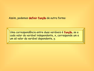 Assim, podemos  definir função  de outra forma: Uma correspondência entre duas variáveis é  função , se a cada valor da variável independente, x, corresponde um e um só valor da variável dependente, y. 