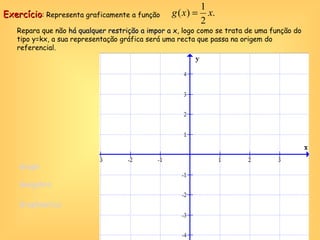 Exercício : Representa graficamente a função Repara que não  há qualquer restrição a impor a x , logo como se trata de uma função do tipo y=kx, a sua representação gráfica será uma recta que passa na origem do referencial. Graph Geogebra Graphmatica 