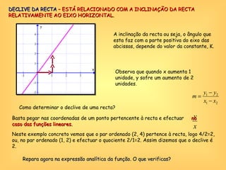 DECLIVE DA RECTA  – ESTÁ RELACIONADO COM A INCLINAÇÃO DA RECTA RELATIVAMENTE AO EIXO HORIZONTAL. Y=2X Observa que quando x aumenta 1 unidade, y sofre um aumento de 2 unidades. A inclinação da recta ou seja, o ângulo que esta faz com a parte positiva do eixo das abcissas, depende do valor da constante, K. Como determinar o declive de uma recta? Basta pegar nas coordenadas de um ponto pertencente à recta e efectuar  no caso das funções lineares.  Neste exemplo concreto vemos que o par ordenado (2, 4) pertence à recta, logo 4/2=2, ou, no par ordenado (1, 2) e efectuar o quociente 2/1=2. Assim dizemos que o declive é 2. Repara agora na expressão analítica da função. O que verificas? 