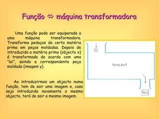 Função    máquina transformadora Uma função pode ser equiparada a uma máquina transformadora. Transforma pedaços de certa matéria prima em peças moldadas. Depois de introduzida a matéria prima (objecto x) é transformada de acordo com uma “lei”, saindo a correspondente peça moldada (imagem y). Ao introduzirmos um objecto numa função, tem de sair uma imagem e, caso seja introduzido novamente o mesmo objecto, terá de sair a mesma imagem. 