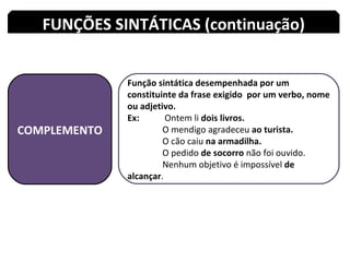 COMPLEMENTO Função sintática desempenhada por um constituinte da frase exigido  por um verbo, nome ou adjetivo. Ex:   Ontem li  dois livros. O mendigo agradeceu  ao turista. O cão caiu  na armadilha. O pedido  de socorro  não foi ouvido. Nenhum objetivo é impossível  de alcançar . FUNÇÕES SINTÁTICAS (continuação) 