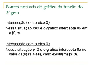 Pontos notáveis do gráfico da função do
2º grau
Intersecção com o eixo 0y
Nessa situação x=0 e o gráfico intercepta 0y em
  c (0,c).

Intersecção com o eixo 0x
Nessa situação y=0 e o gráfico intercepta 0x no
  valor da(s) raiz(es), caso exista(m) (x,0).
 