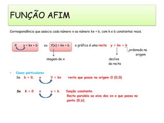 FUNÇÃO AFIM
Correspondência que associa cada número x ao número kx + b, com k e b constantes reais.



    X    y = kx + b       ou   f(x) = kx + b   o gráfico é uma recta    y = kx + b
                                                                                     ordenada na
                                                                                         origem
                           imagem de x                                 declive
                                                                       da recta

•   Casos particulares
    Se b = 0,      x           Y = kx      recta que passa na origem O (0,0)



    Se    K = 0       x        y = b     função constante.
                                          Recta paralela ao eixo dos xx e que passa no
                                          ponto (0,b).
 