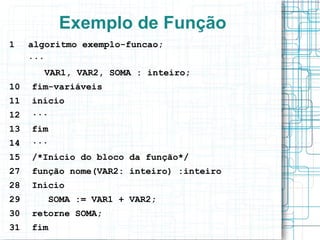 Exemplo de Função
1    algoritmo exemplo-funcao;
     ···
        VAR1, VAR2, SOMA : inteiro;
10   fim-variáveis
11   início
12   ···
13   fim
14   ···
15   /*Início do bloco da função*/
27   função nome(VAR2: inteiro) :inteiro
28   Início
29         SOMA := VAR1 + VAR2;
30   retorne SOMA;
31   fim
 