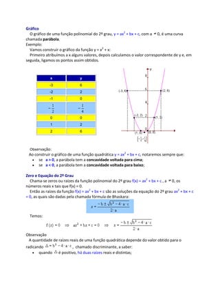 Gráfico
O gráfico de uma função polinomial do 2º grau, y = ax2
+ bx + c, com a 0, é uma curva
chamada parábola.
Exemplo:
Vamos construir o gráfico da função y = x2
+ x:
Primeiro atribuímos a x alguns valores, depois calculamos o valor correspondente de y e, em
seguida, ligamos os pontos assim obtidos.
x y
-3 6
-2 2
-1 0
0 0
1 2
2 6
Observação:
Ao construir o gráfico de uma função quadrática y = ax2
+ bx + c, notaremos sempre que:
se a > 0, a parábola tem a concavidade voltada para cima;
se a < 0, a parábola tem a concavidade voltada para baixo;
Zero e Equação do 2º Grau
Chama-se zeros ou raízes da função polinomial do 2º grau f(x) = ax2
+ bx + c , a 0, os
números reais x tais que f(x) = 0.
Então as raízes da função f(x) = ax2
+ bx + c são as soluções da equação do 2º grau ax2
+ bx + c
= 0, as quais são dadas pela chamada fórmula de Bhaskara:
Temos:
Observação
A quantidade de raízes reais de uma função quadrática depende do valor obtido para o
radicando , chamado discriminante, a saber:
quando é positivo, há duas raízes reais e distintas;
 