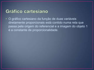 • O gráfico cartesiano da função de duas variáveis
diretamente proporcionais está contido numa reta que
passa pela origem do referencial e a imagem do objeto 1
é a constante de proporcionalidade.

 
