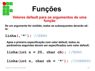 Funções
Valores default para os argumentos de uma
função
sexta-feira, 30 de maio de 2014 49
Se um argumento for omitido, todos os subsequentes deverão sê-
lo:
linha(,‘*’); //ERRO
Após a primeira especificação com valor default, todos os
parâmetros seguintes devem ser especificados com valor default:
linha(int n = 20, char ch); //ERRO
linha(int n, char ch = ‘*’); //CORRETO
 