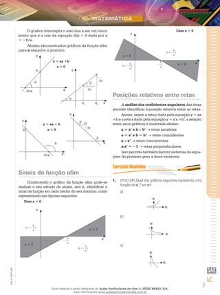 7
EM_V_MAT_004
O gráfico intercepta o eixo dos x em um único
ponto que é a raiz da equação f(x) = 0 dada por x
= −b/a.
Abaixo são mostrados gráficos da função afim
para a negativo e positivo.
•
•
y = ax +b
a > 0
b
–b/a x
y
θ
•
x
y
θ
•
θ
x1
x2
•
y
θ
•
x-b/a
b
y = ax + b
a < 0
y
θ
x
θ
Dx
Dy
Dx

Dy

Sinais da função afim
Conhecendo o gráfico da função afim pode-se
realizar o seu estudo de sinais, isto é, identificar o
sinal da função em cada trecho do seu domínio, como
representado nas figuras seguintes:
•
y > 0
y < 0
y
x
Caso a > 0
)
a
b
–(x <
)
a
b
–(x <
)
a
b
–(x >
•
y > 0
y < 0
y
x
Caso a < 0
)
a
b
–(x <
)
a
b
–(x <
)
a
b
–(x >
Posições relativas entre retas
A análise dos coeficientes angulares das retas
permite identificar a posição relativa entre as retas.
Assim, sejam a reta r dada pela equação y = ax
+b e a reta s dada pela equação y = a’x +b’, a relação
entre seus gráficos é mostrada abaixo:
a = a’ e b ≠ b’ → retas paralelas
a = a’ e b = b’ → retas coincidentes
a ≠ a’ → retas concorrentes
a.a’ = −1 → retas perpendiculares
Isso permite também discutir sistemas de equa-
ções do primeiro grau a duas variáveis.
(PUC-SP) Qual dos gráficos seguintes representa uma1.	
função de +
* em ?
a)	
b)	
c)	
Esse material é parte integrante do Aulas Particulares on-line do IESDE BRASIL S/A,
mais informações www.aulasparticularesiesde.com.br
 