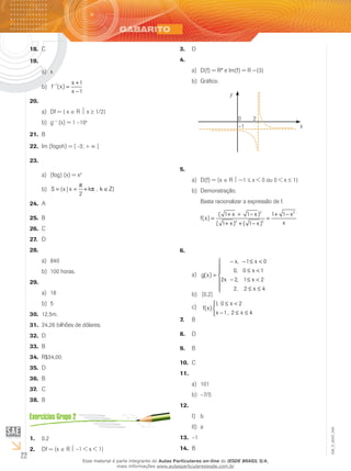 22
EM_V_MAT_004
C18.	
19.	
xa)	
1 x 1
f (x)
x 1
− +
=
−
b)	
20.	
Df = { xa)	 ∈ R  x ≥ 1/2}
gb)	 –1
(x) = 1 –10x
B21.	
Im (fogoh) = [ -3; +22.	 ∞ [
23.	
(fog) (x) = xa)	 2
S {x | x k , k Z}
2
π
= = + π ∈b)	
A24.	
B25.	
C26.	
D27.	
28.	
840a)	
100 horas.b)	
29.	
18a)	
5b)	
12,5m.30.	
24,26 bilhões de dólares.31.	
D32.	
B33.	
R$34,00.34.	
D35.	
B36.	
C37.	
B38.	
0,21.	
Df = {x2.	 ∈ R  –1 < x < 1}
D3.	
4.	
D(f) = R* e Im(f) = R −{3}a)	
Gráfico.b)	
y
x
0 2
–1
5.	
D(f) = {xa)	 ∈ R  −1 ≤ x < 0 ou 0 < x ≤ 1}
Demonstração.b)	
Basta racionalizar a expressão de f.
2 2
2 2
( 1 x + 1 x ) 1 1 x
f(x)
x( 1 x ) ( 1 x )
+ − + −
= =
+ + −
6.	
x, 1 x 0
0, 0 x 1
g(x)
2x 2, 1 x 2
2, 2 x 4
− − ≤ <
 ≤ <
= 
− ≤ <
 ≤ ≤
a)	
b)	 [0,2]
c)	
1, 0 x 2
f(x)
x 1, 2 x 4
≤ <

− ≤ ≤
B7.	
D8.	
B9.	
C10.	
11.	
101a)	
–7/5b)	
12.	
bI)	
aII)	
–113.	
B14.	
Esse material é parte integrante do Aulas Particulares on-line do IESDE BRASIL S/A,
mais informações www.aulasparticularesiesde.com.br
 