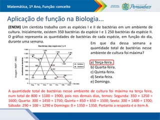 Matemática, 1º Ano, Função: conceito
Aplicação de função na Biologia...
(ENEM) Um cientista trabalha com as espécies I e II de bactérias em um ambiente de
cultura. Inicialmente, existem 350 bactérias da espécie I e 1 250 bactérias da espécie II.
O gráfico representa as quantidades de bactérias de cada espécie, em função do dia,
durante uma semana. Em que dia dessa semana a
quantidade total de bactérias nesse
ambiente de cultura foi máxima?
a) Terça-feira.
b) Quarta-feira.
c) Quinta-feira.
d) Sexta-feira.
e) Domingo.
A quantidade total de bactérias nesse ambiente de cultura foi máxima na terça feira,
num total de 800 + 1100 = 1900, pois nos demais dias, temos: Segunda: 350 + 1250 =
1600; Quarta: 300 + 1450 = 1750; Quinta = 850 + 650 = 1500; Sexta: 300 + 1400 = 1700;
Sábado: 290 + 100 = 1290 e Domingo: 0 + 1350 = 1350. Portanto a resposta é o item A.
Imagem:
INEP
-
MEC
 