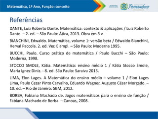 Matemática, 1º Ano, Função: conceito
Referências
DANTE, Luiz Roberto Dante. Matemática: contexto & aplicações / Luiz Roberto
Dante. – 2. ed. – São Paulo: Ática, 2013. Obra em 3 v.
BIANCHINI, Edwaldo. Matemática, volume 1: versão beta / Edwaldo Bianchini,
Herval Paccola. 2. ed. Ver. E ampl. – São Paulo: Moderna 1995.
BUCCHI, Paulo. Curso prático de matemática / Paulo Bucchi – São Paulo:
Moderna, 1998.
STOCCO SMOLE, Kátia. Matemática: ensino médio 1 / Kátia Stocco Smole,
Maria Ignez Diniz. - 8. ed. São Paulo: Saraiva 2013.
LIMA, Elon Lages. A Matemática do ensino médio – volume 1 / Elon Lages
Lima, Paulo Cezar Pinto Carvalho, Eduardo Wagner, Augusto César Morgado. –
10. ed. – Rio de Janeiro: SBM, 2012.
BORBA, Fabiana Machado de. Jogos matemáticos para o ensino de função /
Fabiana Machado de Borba. – Canoas, 2008.
 
