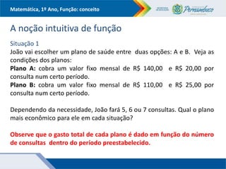 Matemática, 1º Ano, Função: conceito
A noção intuitiva de função
Situação 1
João vai escolher um plano de saúde entre duas opções: A e B. Veja as
condições dos planos:
Plano A: cobra um valor fixo mensal de R$ 140,00 e R$ 20,00 por
consulta num certo período.
Plano B: cobra um valor fixo mensal de R$ 110,00 e R$ 25,00 por
consulta num certo período.
Dependendo da necessidade, João fará 5, 6 ou 7 consultas. Qual o plano
mais econômico para ele em cada situação?
Observe que o gasto total de cada plano é dado em função do número
de consultas dentro do período preestabelecido.
 