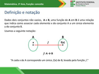 Matemática, 1º Ano, Função: conceito
Definição e notação
Dados dois conjuntos não vazios, A e B, uma função de A em B é uma relação
que indica como associar cada elemento x do conjunto A a um único elemento
y do conjunto B.
Usamos a seguinte notação:
“A cada x de A corresponde um único (x) de B, levado pela função .”
A B

: A → B
x f(x)
 