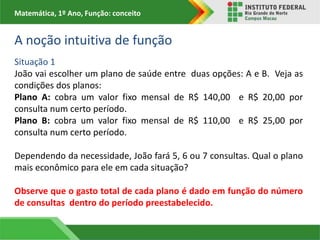 Matemática, 1º Ano, Função: conceito
A noção intuitiva de função
Situação 1
João vai escolher um plano de saúde entre duas opções: A e B. Veja as
condições dos planos:
Plano A: cobra um valor fixo mensal de R$ 140,00 e R$ 20,00 por
consulta num certo período.
Plano B: cobra um valor fixo mensal de R$ 110,00 e R$ 25,00 por
consulta num certo período.
Dependendo da necessidade, João fará 5, 6 ou 7 consultas. Qual o plano
mais econômico para ele em cada situação?
Observe que o gasto total de cada plano é dado em função do número
de consultas dentro do período preestabelecido.
 