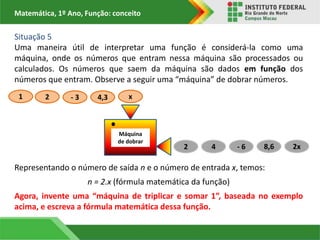 Matemática, 1º Ano, Função: conceito
Situação 5
Uma maneira útil de interpretar uma função é considerá-la como uma
máquina, onde os números que entram nessa máquina são processados ou
calculados. Os números que saem da máquina são dados em função dos
números que entram. Observe a seguir uma “máquina” de dobrar números.
Representando o número de saída n e o número de entrada x, temos:
n = 2.x (fórmula matemática da função)
Agora, invente uma “máquina de triplicar e somar 1”, baseada no exemplo
acima, e escreva a fórmula matemática dessa função.
- 3 4,3 x
2
1
2 - 6
4 8,6 2x
Máquina
de dobrar
 