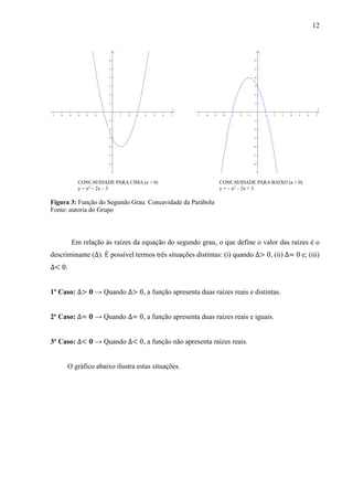 12
Figura 3: Função do Segundo Grau: Concavidade da Parábola
Fonte: autoria do Grupo
Em relação às raízes da equação do segundo grau, o que define o valor das raízes é o
descriminante (∆). É possível termos três situações distintas: (i) quando ∆> 0, (ii) ∆= 0 e; (iii)
∆< 0.
1º Caso: ∆> 𝟎 → Quando ∆> 0, a função apresenta duas raízes reais e distintas.
2º Caso: ∆= 𝟎 → Quando ∆= 0, a função apresenta duas raízes reais e iguais.
3º Caso: ∆< 𝟎 → Quando ∆< 0, a função não apresenta raízes reais.
O gráfico abaixo ilustra estas situações.
             












x
y
             












x
y
CONCAVIDADE PARA CIMA (a > 0)
y = x2 – 2x – 3
CONCAVIDADE PARA BAIXO (a < 0)
y = – x2 – 2x + 3
 
