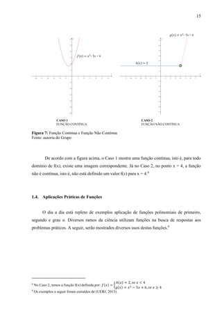 15
Figura 7: Função Contínua e Função Não Contínua
Fonte: autoria do Grupo
De acordo com a figura acima, o Caso 1 mostra uma função contínua, isto é, para todo
domínio de f(x), existe uma imagem correspondente. Já no Caso 2, no ponto x = 4, a função
não é contínua, isto é, não está definido um valor f(x) para x = 4.8
1.4. Aplicações Práticas de Funções
O dia a dia está repleto de exemplos aplicação de funções polinomiais de primeiro,
segundo e grau n. Diversos ramos da ciência utilizam funções na busca de respostas aos
problemas práticos. A seguir, serão mostrados diversos usos destas funções.9
8
No Caso 2, temos a função f(x) definida por: 𝑓(𝑥) = {
ℎ(𝑥) = 2, 𝑠𝑒 𝑥 < 4
𝑔(𝑥) = 𝑥2
− 5𝑥 + 6, 𝑠𝑒 𝑥 ≥ 4
9
Os exemplos a seguir foram extraídos de (UERJ, 2013).
           












x
y
CASO 1
FUNÇÃO CONTÍNUA
CASO 2
FUNÇÃO NÃO CONTÍNUA
- 5x + 6
- 5x + 6
             














x
y
 