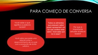 PARA COMEÇO DE CONVERSA
Você sabe o que
significa a palavra
ácido?
Todos os alimentos
que possuem sabor
azedo apresentam um
íon que confere esse
sabor. Você sabe que
íon é esse?
Você sabia que existe uma
relação entre o
desenvolvimento de um país
com a produção de ácido
sulfúrico
Por que é
importante
estudar ácidos e
bases?
 