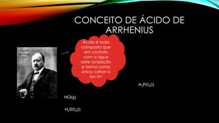 CONCEITO DE ÁCIDO DE
ARRHENIUS
Ácido é todo
composto que
em contato
com a água
sofre ionização
e forma como
único cátion o
íon H+
HCl(g)
H2SO4(l)
H3PO4(l)
 