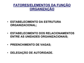 FATORES/ELEMENTOS DA FUNÇÃO
ORGANIZAÇÃO
• ESTABELECIMENTO DA ESTRUTURA
ORGANIZACIONAL;
• ESTABELECIMENTO DOS RELACIONAMENTOS
ENTRE AS UNIDADES ORGANIZACIONAIS;
• PREENCHIMENTO DE VAGAS;
• DELEGAÇÃO DE AUTORIDADE.
 