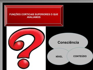 FUNÇÕES CORTICAIS SUPERIORES O QUE AVALIAMOS 
Consciência 
NÍVEL 
CONTEÚDO  
