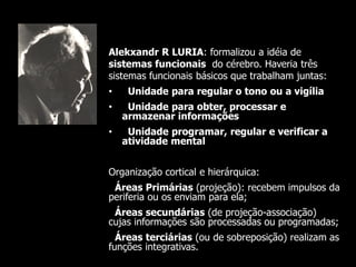 Alekxandr R LURIA: formalizou a idéia de sistemas funcionais do cérebro. Haveria três sistemas funcionais básicos que trabalham juntas: 
• Unidade para regular o tono ou a vigília 
• Unidade para obter, processar e armazenar informações 
• Unidade programar, regular e verificar a atividade mental Organização cortical e hierárquica: Áreas Primárias (projeção): recebem impulsos da periferia ou os enviam para ela; Áreas secundárias (de projeção-associação) cujas informações são processadas ou programadas; Áreas terciárias (ou de sobreposição) realizam as funções integrativas.  