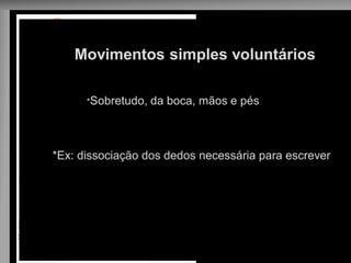 Movimentos simples voluntários 
*Sobretudo, da boca, mãos e pés 
*Ex: dissociação dos dedos necessária para escrever 
 