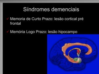 Síndromes demenciais 
Memoria de Curto Prazo: lesão cortical pré frontal 
Memória Logo Prazo: lesão hipocampo 
 