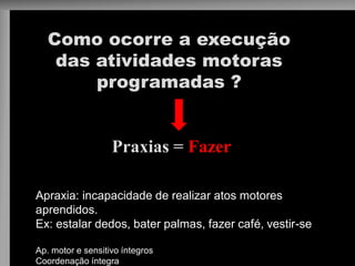 Como ocorre a execução das atividades motoras programadas ? 
Praxias = Fazer 
Apraxia: incapacidade de realizar atos motores aprendidos. 
Ex: estalar dedos, bater palmas, fazer café, vestir-se 
Ap. motor e sensitivo íntegros 
Coordenação íntegra  
