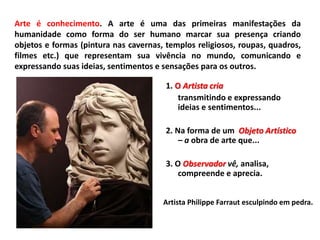 Arte é conhecimento. A arte é uma das primeiras manifestações da
humanidade como forma do ser humano marcar sua presença criando
objetos e formas (pintura nas cavernas, templos religiosos, roupas, quadros,
filmes etc.) que representam sua vivência no mundo, comunicando e
expressando suas ideias, sentimentos e sensações para os outros.
1. O Artista cria
transmitindo e expressando
ideias e sentimentos...
2. Na forma de um Objeto Artístico
– a obra de arte que...
3. O Observador vê, analisa,
compreende e aprecia.
Artista Philippe Farraut esculpindo em pedra.
 