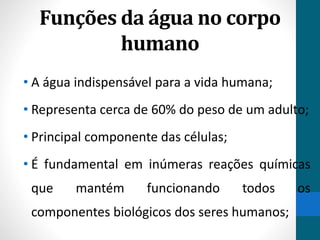 Funções da água no corpo 
humano 
• A água indispensável para a vida humana; 
• Representa cerca de 60% do peso de um adulto; 
• Principal componente das células; 
• É fundamental em inúmeras reações químicas 
que mantém funcionando todos os 
componentes biológicos dos seres humanos; 
 