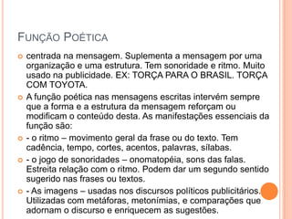 Função Poéticacentrada na mensagem. Suplementa a mensagem por uma organização e uma estrutura. Tem sonoridade e ritmo. Muito usado na publicidade. EX: TORÇA PARA O BRASIL. TORÇA COM TOYOTA.A função poética nas mensagens escritas intervém sempre que a forma e a estrutura da mensagem reforçam ou modificam o conteúdo desta. As manifestações essenciais da função são:- o ritmo – movimento geral da frase ou do texto. Tem cadência, tempo, cortes, acentos, palavras, sílabas.- o jogo de sonoridades – onomatopéia, sons das falas. Estreita relação com o ritmo. Podem dar um segundo sentido sugerido nas frases ou textos.- As imagens – usadas nos discursos políticos publicitários. Utilizadas com metáforas, metonímias, e comparações que adornam o discurso e enriquecem as sugestões.  