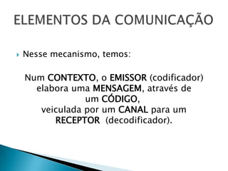    Nesse mecanismo, temos:

    Num CONTEXTO, o EMISSOR (codificador)
      elabora uma MENSAGEM, através de
                 um CÓDIGO,
       veiculada por um CANAL para um
          RECEPTOR (decodificador).
 