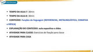  TEMPO DA AULA 7: 30min
 TEMPO DA AULA 8: 30min
 CONTEÚDO: Funções da linguagem [REFERENCIAL, METALINGUÍSTICA, CONATIVA
e FÁTICA]
 EXPLANAÇÃO DO CONTEÚDO: aula expositiva e slides
 ATIVIDADE PARA CLASSE: Exercícios de fixação para classe
 ATIVIDADE PARA CASA
2
 