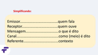 Simplificando:
Emissor.....................................quem fala
Receptor...................................quem ouve
Mensagem................................o que é dito
Canal.........................................como (meio) é dito
Referente..................................contexto
 