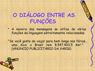 O DIÁLOGO ENTRE AS
FUNÇÕES
• A maioria das mensagens se utiliza de várias
funções da linguagem estreitamente relacionadas.
"Se você gosta de viajar para bem longe nas férias,
uma dica: o Brasil tem 8.547.403,5 Km2
."
(ANÚNCIO PUBLICITÁRIO DA VARIG)
 